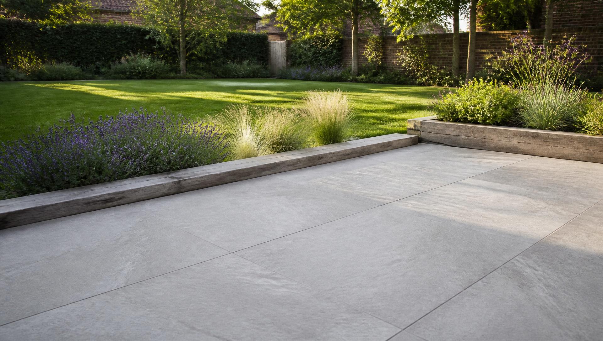 Finished large-format porcelain patio with sleeper-edged planting borders and mown lawn | patios and landscaping in King's Lynn by Humphries Construction