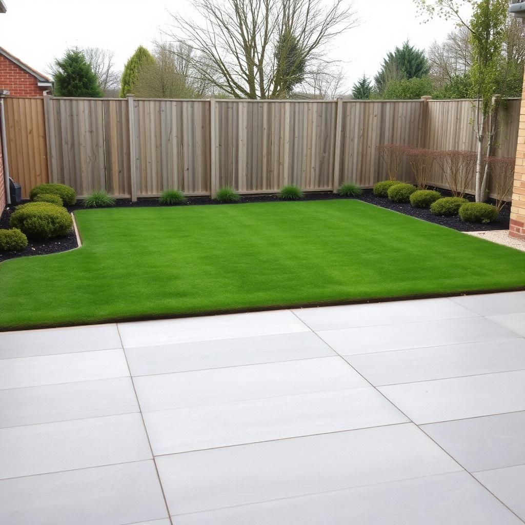 Black weatherboard outbuilding on a red brick plinth with newly laid lawn and paving | patios and landscaping in King's Lynn by Humphries Construction